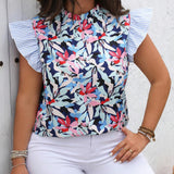 Clasi Blusa de a grande para mujer con estampado floral de vacaciones de verano, cuello alto con ribete de volantes y mangas cortas con gorra