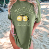 Camiseta casual de manga corta con cuello redondo, estampado de frutas y eslogan para mujeres de a grande. Limones italianos deliciosos, FRESCOS DE LA  de Amalfi, Italia