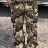 Pantalones de trabajo rectos de cintura baja con estampado de camuflaje y varios bolsillos para ocio