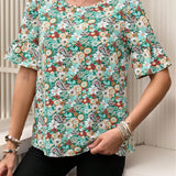 EMERY ROSE Camisa de mujer de cuello redondo con flores de tamano pequeno, casual rural, ideal para vacaciones en el campo, manga acampanada