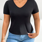 Blusa coqueta de a grande para mujer, nueva a de verano para mujeres de negocios que regresan a la escuela, ropa de trabajo esta, ropa casual y coa para desplazamientos basicos con tejido de punto acanalado en V en la tela negra con mangas cortas