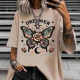 Camiseta casual de manga corta y cuello redondo con estampado de mariposas en as grandes, para verano