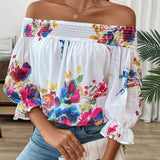 Blusa paralela de gasa con estampado floral y escote en V para vacaciones de mujer