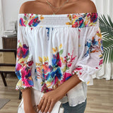 Blusa paralela de gasa con estampado floral y escote en V para vacaciones de mujer