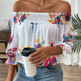 Blusa paralela de gasa con estampado floral y escote en V para vacaciones de mujer