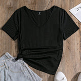 Blusa coqueta de a grande para mujer, nueva a de verano para mujeres de negocios que regresan a la escuela, ropa de trabajo esta, ropa casual y coa para desplazamientos basicos con tejido de punto acanalado en V en la tela negra con mangas cortas