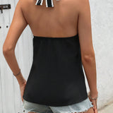 Top de cuello halter de bloque de color casual para mujer con recorte y ribete de contraste para vacaciones