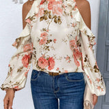 Blusa de hombros descubiertos con estampado floral, ribete de volantes y mangas tipo linterna