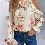 Blusa de hombros descubiertos con estampado floral, ribete de volantes y mangas tipo linterna