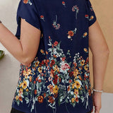 CURVE+ Blusa con estampado de flores de manga corta y cuello redondo con mangas de petalos para unas elegantes vacaciones de otono