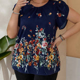 CURVE+ Blusa con estampado de flores de manga corta y cuello redondo con mangas de petalos para unas elegantes vacaciones de otono