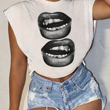 Camiseta informal y sencilla para mujeres con patron de labios y dientes dorados, cuello redondo, manga corta, holgada y corta, adecuada para el verano