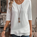 EMERY ROSE Camiseta blanca de cuello en V para mujer con diseno de parches de linea asimetrica en el dobladillo