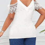 Lady Blusa de verano para mujer de a grande con encaje blanco y cuello en V, ropa de eterior para mujeres