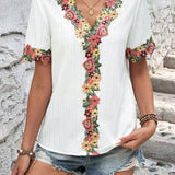 SHEIN LUNE Camisa blanca de mujer con cuello en V, mangas con punos y empalme de encaje