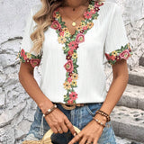 SHEIN LUNE Camisa blanca de mujer con cuello en V, mangas con punos y empalme de encaje