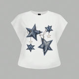 Camiseta casual de a grande con patron de estrellas y cadenas, diseno sencillo, adecuada para el verano