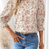 Camisa veraniega de cuello redondo y manga abullonada con estampado floral de vacaciones para mujer de tamano holgado