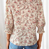 Camisa veraniega de cuello redondo y manga abullonada con estampado floral de vacaciones para mujer de tamano holgado