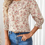 Camisa veraniega de cuello redondo y manga abullonada con estampado floral de vacaciones para mujer de tamano holgado