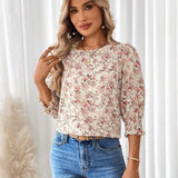 Camisa veraniega de cuello redondo y manga abullonada con estampado floral de vacaciones para mujer de tamano holgado