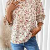 Camisa veraniega de cuello redondo y manga abullonada con estampado floral de vacaciones para mujer de tamano holgado