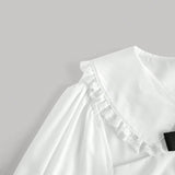 Blusa blanca de trabajo para mujeres con aplicacion de encaje hueco en la parte delantera, con lazo, ropa de regreso a la escuela, camisa para maestras