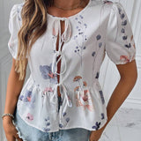 Blusa estampada de verano 2024 para mujer con cuello redondo, mangas abullonadas con lazo frontal y dobladillo con ribete de volantes