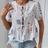 Blusa estampada de verano 2024 para mujer con cuello redondo, mangas abullonadas con lazo frontal y dobladillo con ribete de volantes