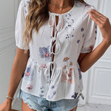 Blusa estampada de verano 2024 para mujer con cuello redondo, mangas abullonadas con lazo frontal y dobladillo con ribete de volantes