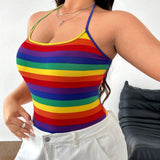 Body de a grande para mujer con diseno de rayas multicolores y cuello halter