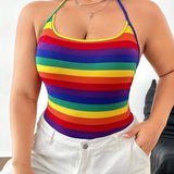 Body de a grande para mujer con diseno de rayas multicolores y cuello halter