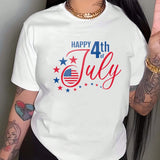 Camiseta casual de manga corta con cuello redondo para mujer con impresion de Feliz 4 de julio