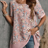 EMERY ROSE Camisa de manga corta de cuello redondo con dobladillo suelto y estampado floral para mujer