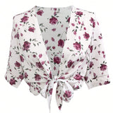 Blusa estampada con diseno floral y lazo en la parte delantera