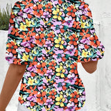 Camisa de manga inflada para mujer, con botones y estampado completo (corte aleatorio) adecuado para vacaciones de verano en la playa