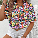 Camisa de manga inflada para mujer, con botones y estampado completo (corte aleatorio) adecuado para vacaciones de verano en la playa