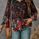 EMERY ROSE Camisa larga de manga larga para mujer con estampado floral y cuello de encaje decorado