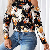 Camiseta elegante de mangas caidas y cuello redondo con ribete de volantes y estampado floral para mujer