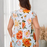 Camisa de verano para mujeres de a grande con encaje floral y mangas de parches, ropa elegante para uso diario con estilo callejero hermoso