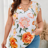 Camisa de verano para mujeres de a grande con encaje floral y mangas de parches, ropa elegante para uso diario con estilo callejero hermoso