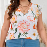 Camisa de verano para mujeres de a grande con encaje floral y mangas de parches, ropa elegante para uso diario con estilo callejero hermoso