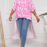 Lady Blusa estilo camisa rosa estampada con flores para mujer a grande con dobladillo asimetrico, atuendo de verano