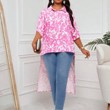 Lady Blusa estilo camisa rosa estampada con flores para mujer a grande con dobladillo asimetrico, atuendo de verano