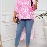 Lady Blusa estilo camisa rosa estampada con flores para mujer a grande con dobladillo asimetrico, atuendo de verano