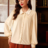 Camisa elegante de manga larga para mujer, camisa de terciopelo color albaricoque con pliegues en el pecho y cuello de solapa, camisa de estilo universitario para verano/otono