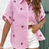 Frenchy Camisa de manga enrollada con rayas y estampado de cerezas