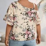 Blusa de mujer de a grande con hombro oblicuo y diseno de malla floral con hebilla de metal para vacaciones