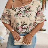 Blusa de mujer de a grande con hombro oblicuo y diseno de malla floral con hebilla de metal para vacaciones