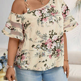 Blusa de mujer de a grande con hombro oblicuo y diseno de malla floral con hebilla de metal para vacaciones